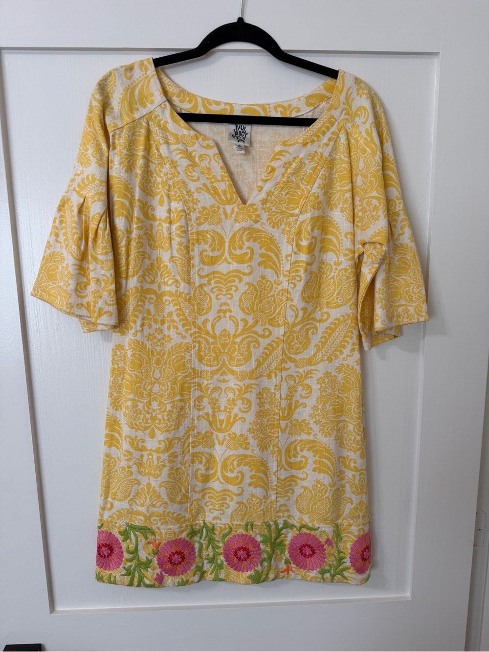 Ivy Jane Yellow White Floral Embroidered Linen Blend Shift Dress Size S